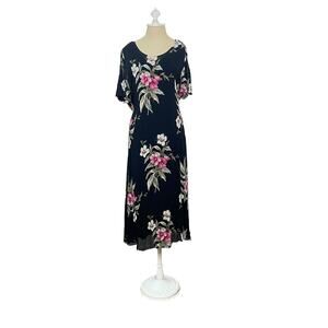 Vintage 90s LA CERA Black Short Sleeve Pink Floral Slouchy Midi Dress Size XL